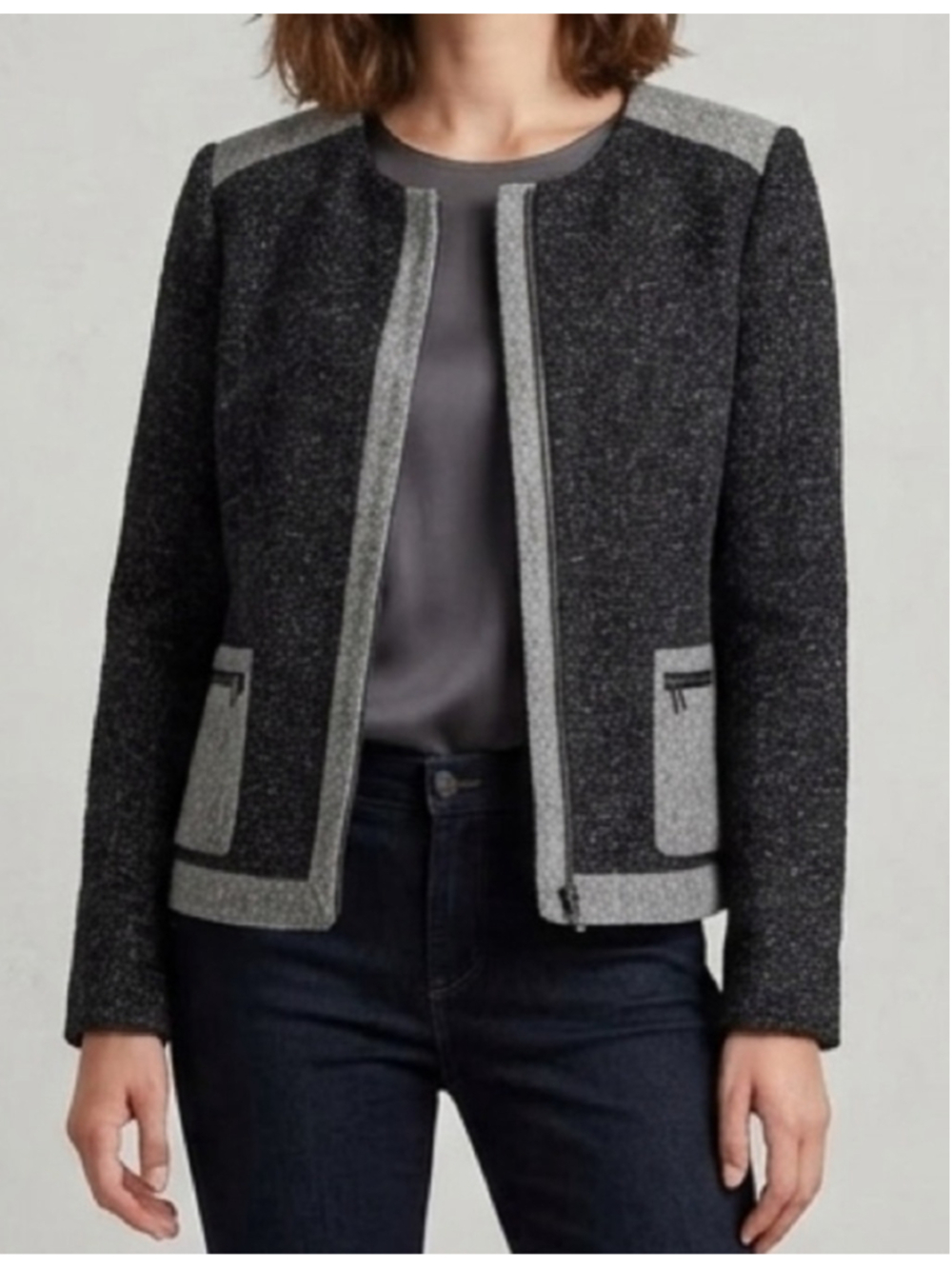 Liz Claiborne Black Grey Tweed Colorblock Zip Jacket Blazer Woman’s XL